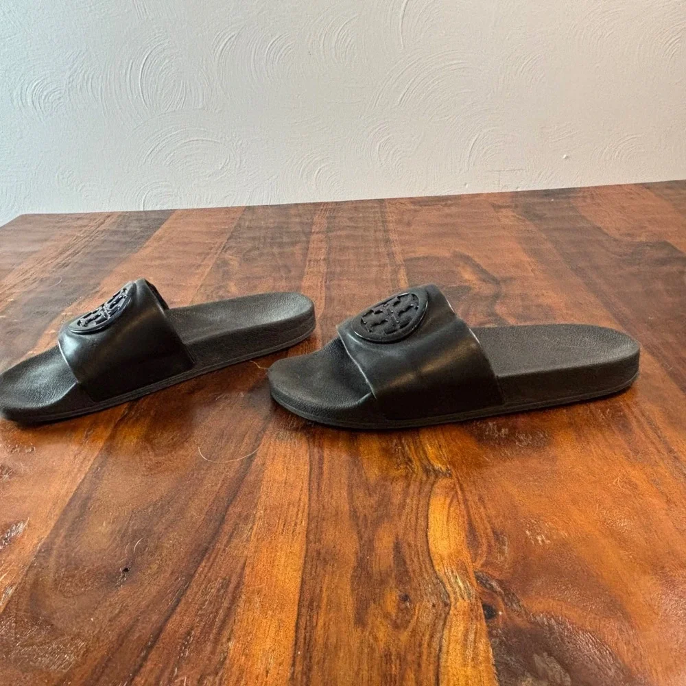 Tory Burch Miller Cloud Black Leather Logo Slide Sandals Womens Size 9